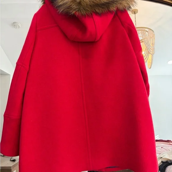 J CrewWool Blend Red Coat with Faux Fur Trim - Picture 2 of 3